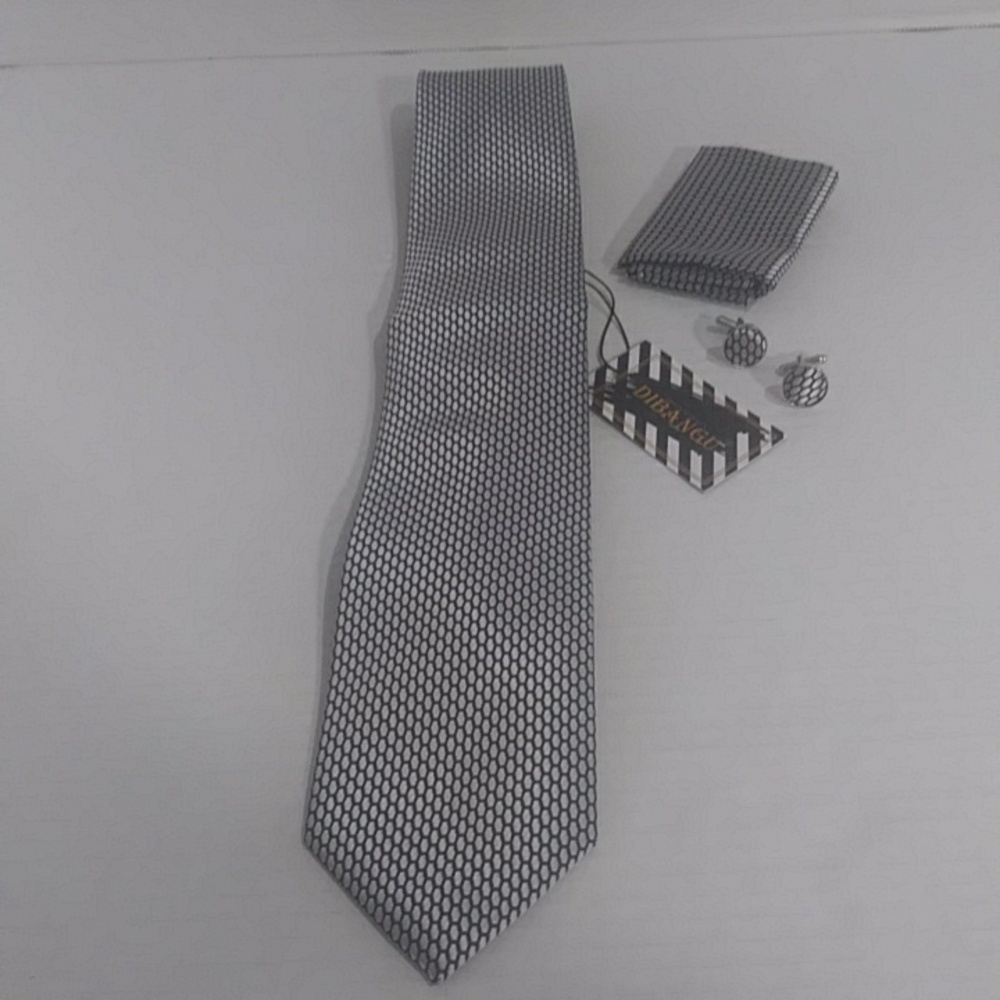 DIBANGU Men's Silk Gray & Black Tie,Pocket Square & Cuff Links Set *NWT*
